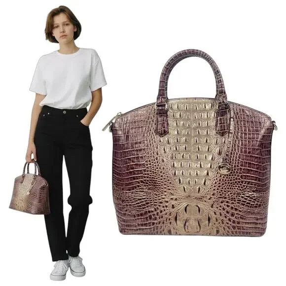 Brahmin Large Duxbury Satchel Bag Port Ombre Melbourne Purple Leather Croc